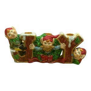 Robel Hall Ceramic JOY Christmas 3 Elves Pixies Candle Holder Vintage